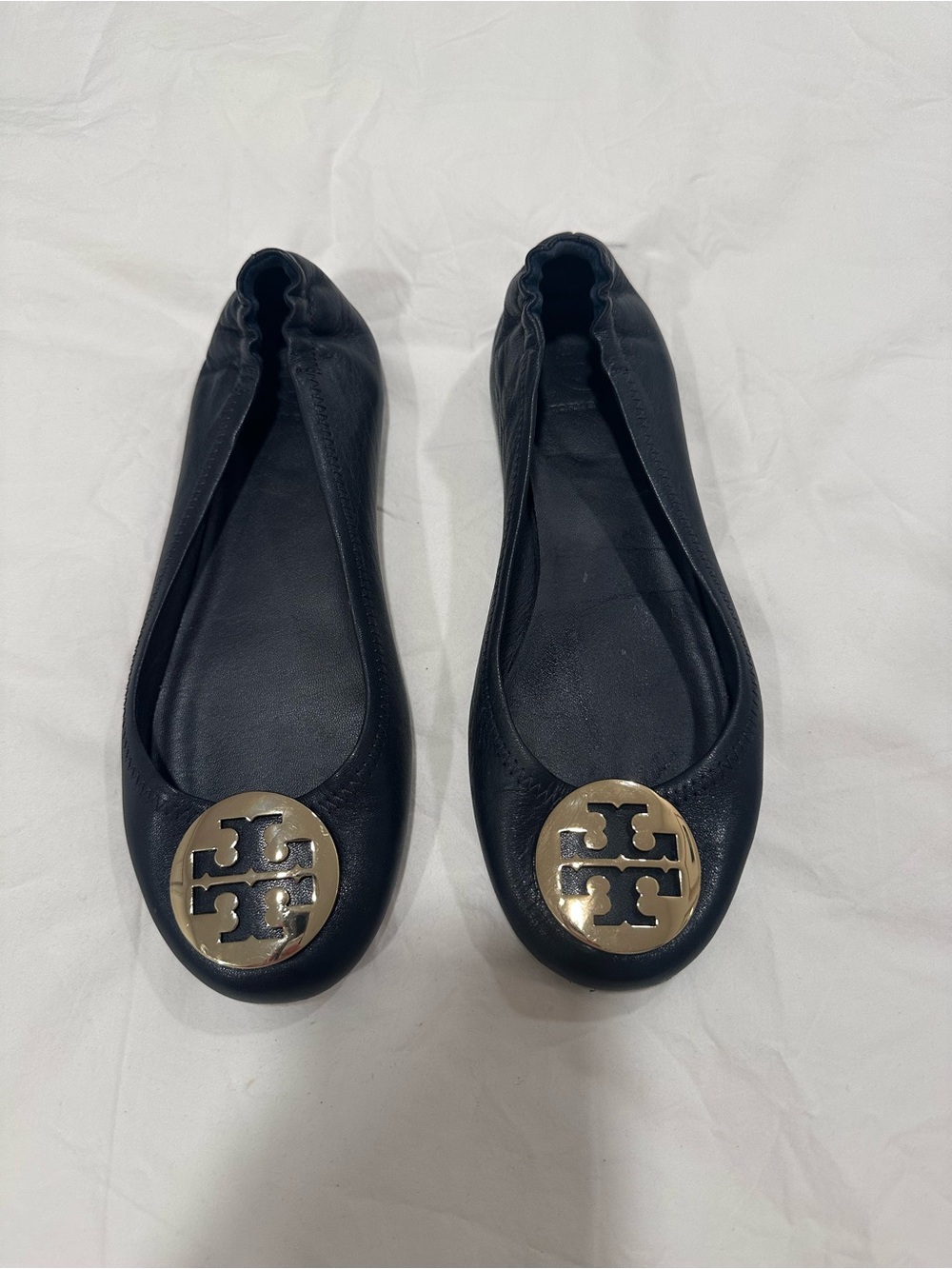 Tory Burch Navy Leather Ballet Flats with Gold Logo Medallion